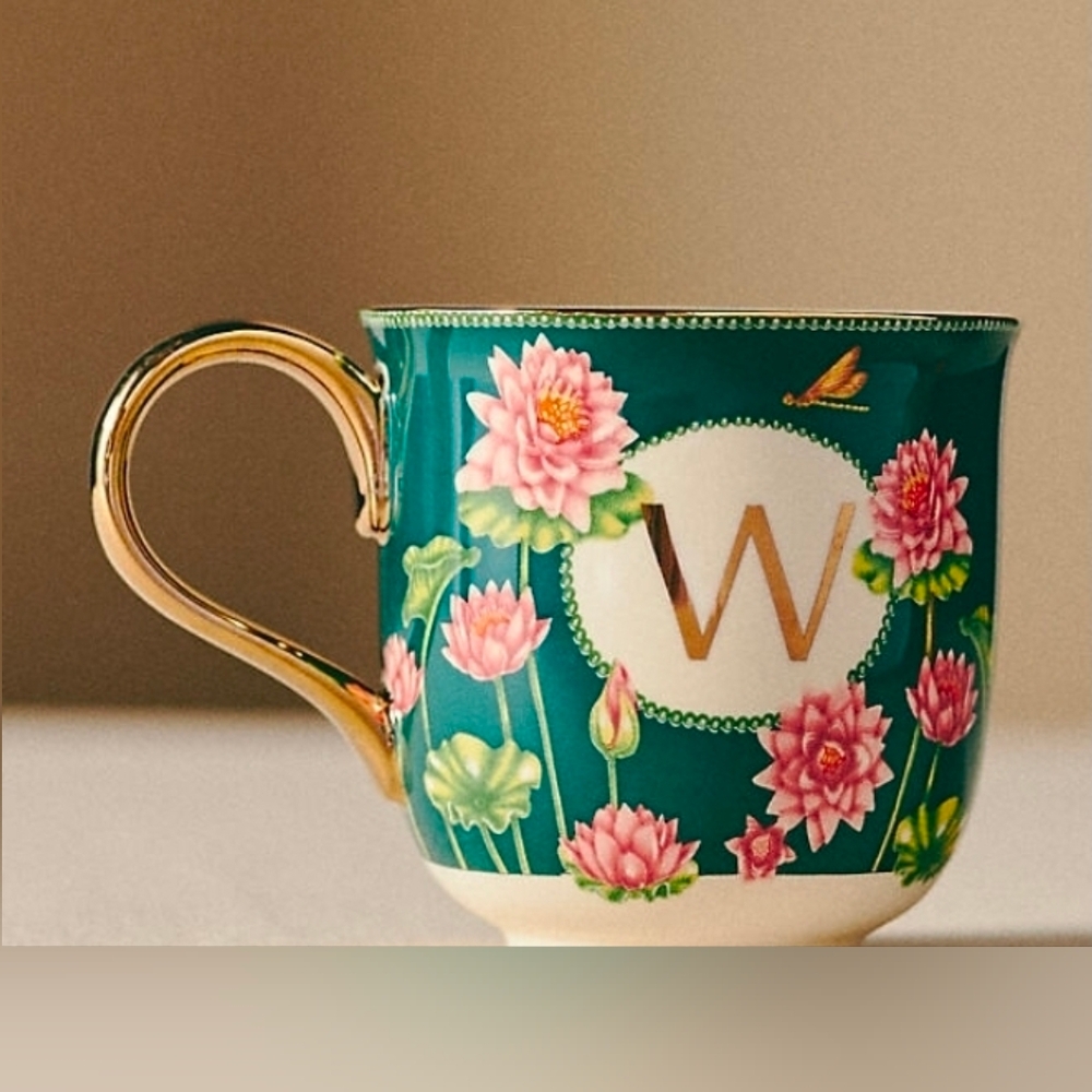 Anthropologie Lou Rota Monogram Mug “W” Green Floral Lotus Design w/ Gold Handle